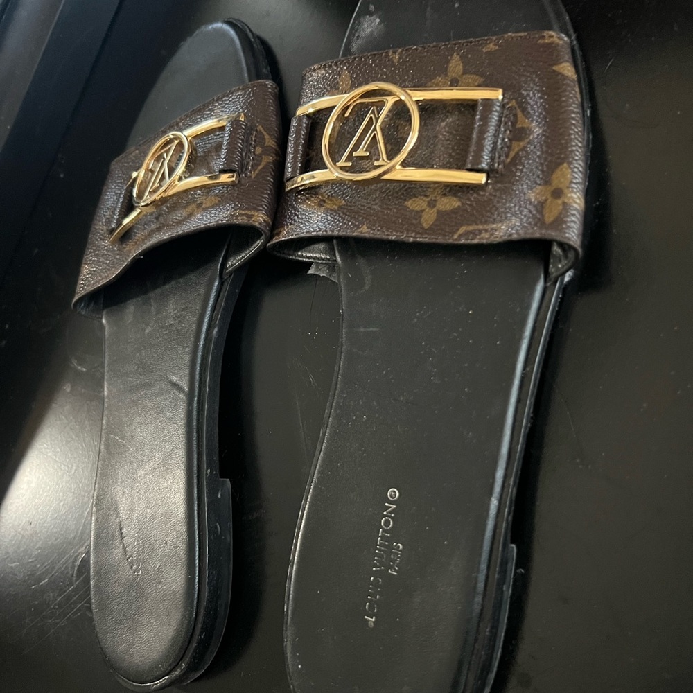 Louis Vuitton Brown and Gold Slide Sandals